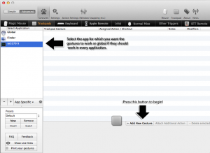 Better Touch Tool preferences showing tn3270 selected with the Add New Gesture button ready to configure touchpad shortcuts