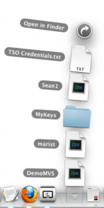 macOS Dock showing a tn3270 settings folder pinned for quick access to different mainframe connections