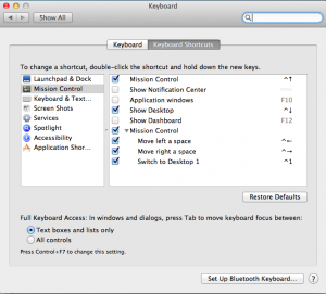 macOS System Preferences Keyboard panel showing Mission Control options with Application Windows and Dashboard shortcuts disabled