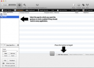 Better Touch Tool preferences window showing the application gesture configuration interface