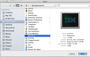Better Touch Tool application picker dialog with tn3270 selected for adding custom gesture mappings