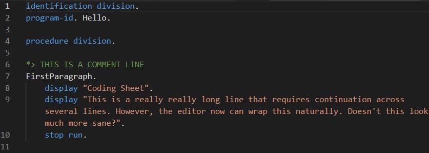 The same COBOL code rewritten in free-form style without fixed column conventions