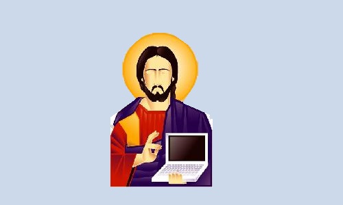Humorous illustration of Jesus at a computer, cover image for the What Would Jesus Code post