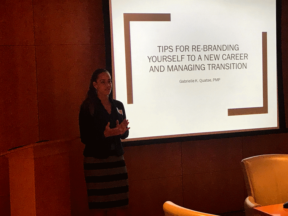 Animated GIF of Gabby Quatse presenting her talk on transitioning from Army Aviation Officer to Engineering Director