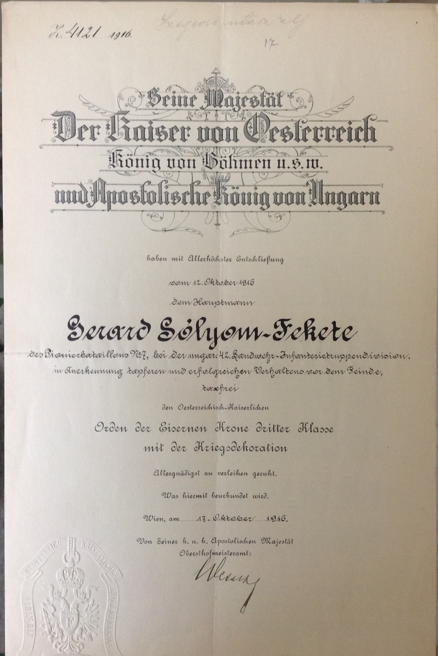 Certificate for the Order of the Iron Crown third class awarded to Gerard Sólyom Fekete