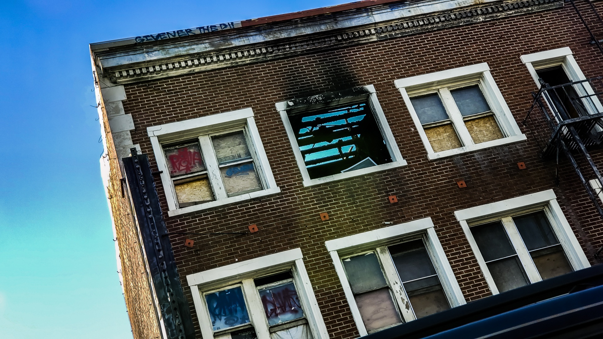 A burned out brick building