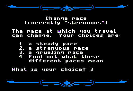 Screen to Select the Pace in the game Oregon Trail